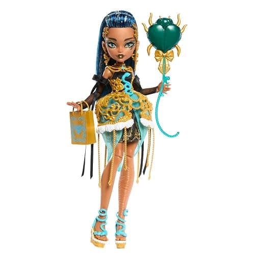 Monster High Scary Sweet Birthday Doll, Cleo De Nile in Golden Party Dress with Themed Accessories Like Invite, Balloon, Gift, Lipstick and More - Image 1