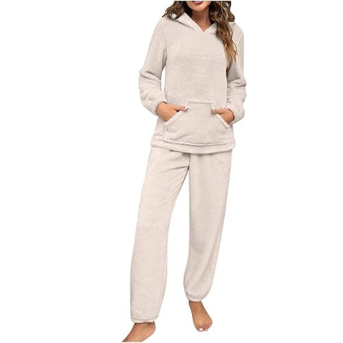 RLEHJN Loungewear Sets for Women UK Sale Clearance Plain Fleece Hoodies Tops & Pants 2 Piece Outfits Ladies Jogging Hooded Two Piece Pajamas Sleepwear Thicken Home Wear Warm Plush Sweater Sets - Image 1