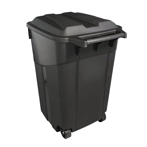 32 Gallon Outdoor Trash Can with Lid, Heavy-Duty Wheeled Garbage Bin for Backyard, Deck or Garage, Black, Can with Attached Snap Lock Lid and Heavy-Duty Handles (32 Gallon) - Image 1