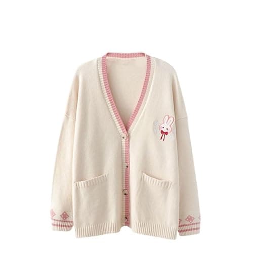 FindThy Women’s Cute Rabbit Embroidered Cardigan Long Sleeve Pocketed Kawaii Cardigans Sweater - One Size - 01 Beige - Image 1