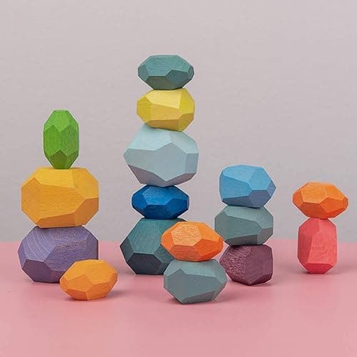 RubRab Wooden Rocks Stones Tumi ISHI Wood Balancing Stacked Stone Baby Building Block Montessori Toys Block Colored Stone Toys Educational Creative Toy Stacking Game Artware (16pcs Deep Colors) - Image 1