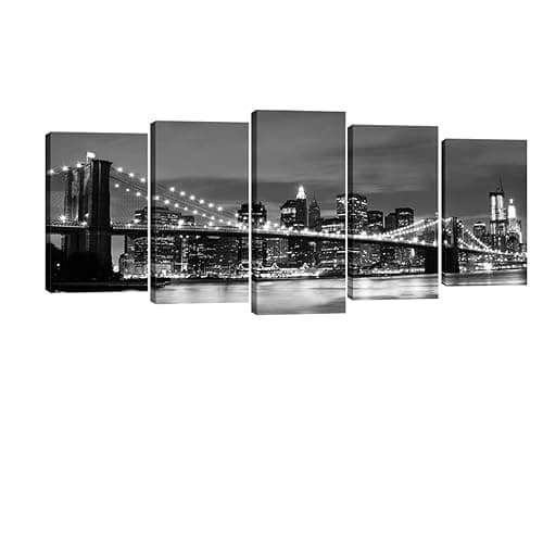 Wieco Art New York Brooklyn Bridge Canvas Wall Art Night View 5 Panels Modern Landscape Artwork Canvas Prints Abstract Pictures to Photo Canvas Wall Decor for Home & Office Decorations - Image 1