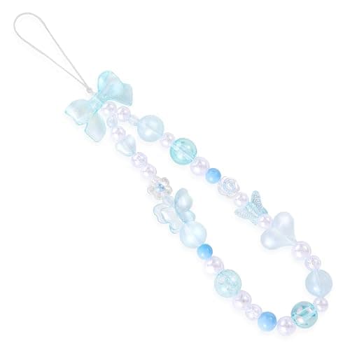 FdcLixuvol Beaded Phone Charms Strap, Blue Butterfly Flower Love Heart Bow Lanyard Chain Phone Charms Crystal Wrist Strap Cute Keychain Wristlet for Cellphone, Camera, Wallet - Image 1