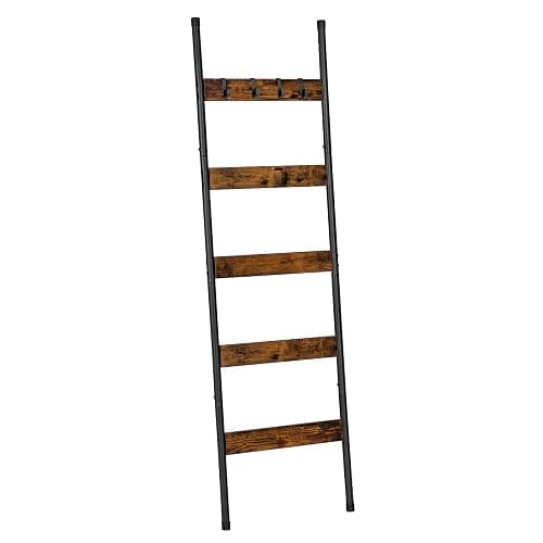 HOOBRO Blanket Ladder, 5-Tier Towel Rack with Hooks, Wall-Leaning Blanket Rack, Decorative Display Ladder Shelf, for Scarves, Industrial, Living Room, Bedroom, Rustic Brown and Black BF52CJ01 - Image 1