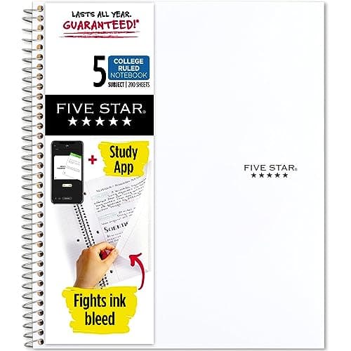Five Star Spiral Notebook, 5-Subject, College Ruled Paper, 11 inches x 8-1/2 inches, 200 Sheets, White (72460) - White - Image 1