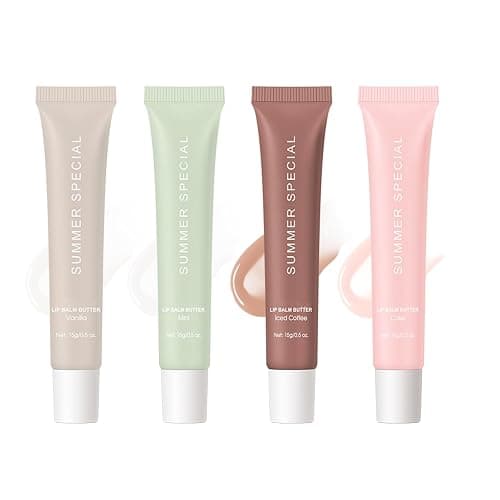 4 PCS Summer Special Lip Butter Hydration Lip Gloss with Shea Butter & Olive Oil Soothes Dry Lips and Lip Care Lip Balm with Natural Tint & Gloss Effect Lip Stain Vanilla/Mint/Iced Coffee/Cake - Image 1