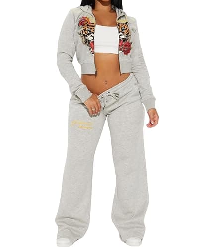 Glitrandi Womens 2 Piece Outfits Fashion Print Cropped Hoodies Jacket Sweatpants With Pockets Tracksuit For Women - Image 1