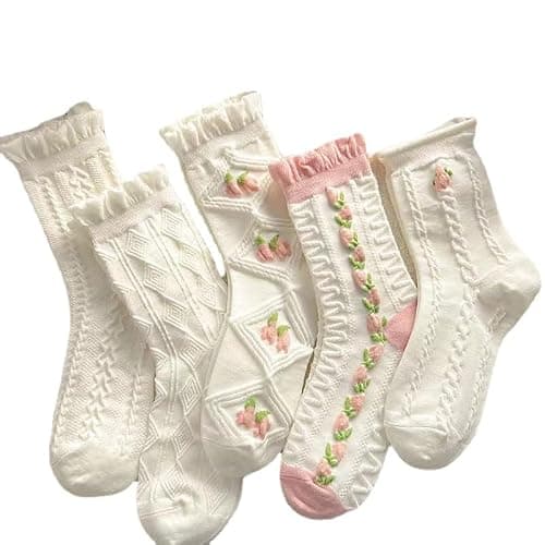 5 Pairs White Cute Socks, Women's Lace Ruffles Ankle Casual Sock, Cottagecore Breathable Mid Tube Socks, Floral Crew Socks - Image 1