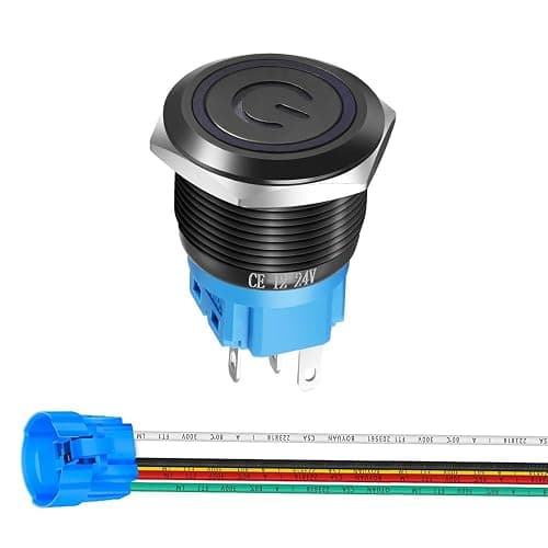 Gebildet 19mm 12V-24V/5A Stainless Steel Latching Push Button Switch Power Symbol LED 1NO1NC SPDT ON Off Waterproof Toggle Switch with Wire Socket Plug (Blue LED/Black Shell) - Image 1