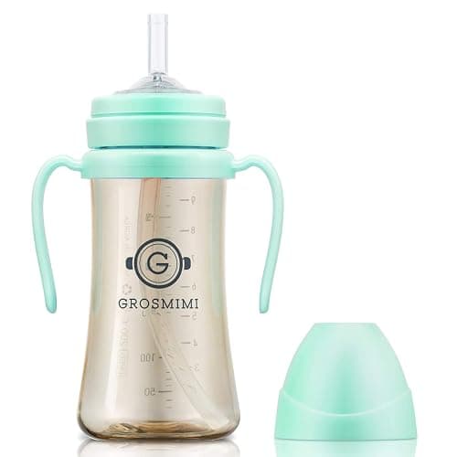 GROSMIMI Spill Proof no Spill Magic Sippy Cup with Straw with Handle for Baby and Toddlers, Customizable, PPSU, BPA Free 10 oz (Aqua green) - Image 1