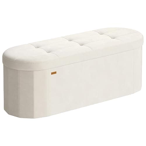 SONGMICS Mazie Collection - Folding Ottoman with Storage, Oval Storage Ottoman Bench, for Living Room, Bedroom, Velvet Fabric, 15 x 43 x 15 Inches, Cream White ULSF297LH01 - Image 1