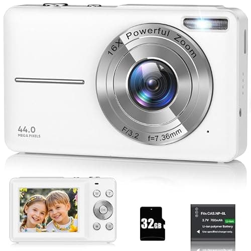 Digitalkamera 1080P 44MP Fotokamera 16X Digitalzoom Kamera, Vlogging Fotoapparat Kompaktkamera mit 2,4" LCD Bildschirm, 32G Micro Speicherkarte, 1 Akku für Kinder Teenager Studenten Anfänger-Weiß - Image 1