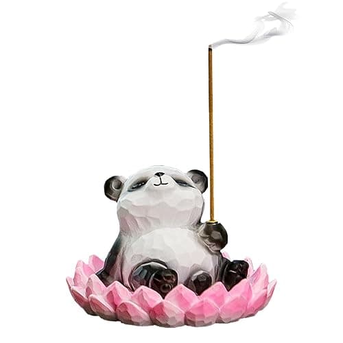 Lotus Panda Incense Holder Cute Animal Figurine Incense Burner Flower Stand Ash Catcher Creative Cartoon Resin Panda Statue for Home Room Decor Meditation Yoga Spa | Cartoon Resin Panda Statue Flower Stand Incense Burner Holder Set Ash Catcher Creative Unique Gift for Home Office Yoga Spa - Image 1