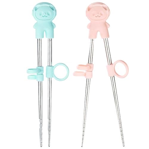 2 Pairs training chopsticks Learning Chopstick Helper Reusable Stainless Steel for Beginner Chopsticks Pink & Blue - Image 1