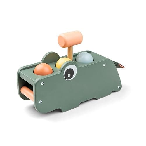 Done by Deer Hammer Board Croco Green - Wooden Activity Toy for Hand-Eye Coordination and Sense of Hearing - Green Color with Colorful Elements - Soft, Durable Fabric Flap with Crinkling Sound - Image 1