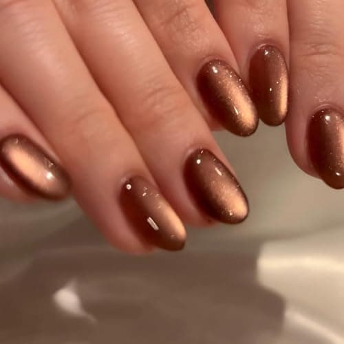 KQueenest Cat Eye Press on Nails Short Oval, 30 Pcs Light Brown Fake Nails Short Round, Glitter Glass Glue on Nails Almond, Reusable Shiny Chrome False Nails for Women Fall Winter - Image 1
