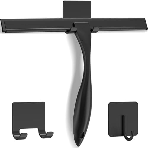 All-Purpose Stainless Steel Shower Squeegee for Shower Doors with 2 Adhesive Hooks, Bathroom Cleaner Tool Household Window Mirror Squeegee for Home Cleaning, Glass Door, Tile Wall, Car, 10 Inch Black - Black - 10-Inch - Image 1