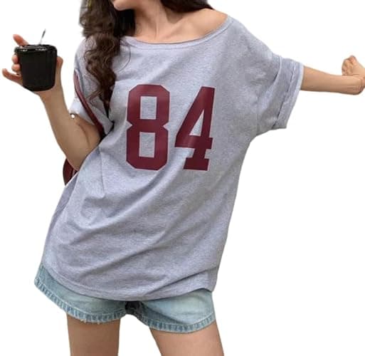 Pinclodly Off The Shoulder Tops for Women Short Sleeve Y2K Jersey Number Graphic Oversized Tshirts E-Girl Tees - Image 1