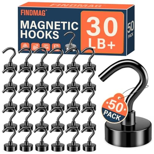 FINDMAG Black Magnetic Hooks 30 lbs Strong Neodymium Magnet Hooks for Hanging, Magnet with Hook for Cruise, Grill, Fridge, Pack of 50 - Image 1