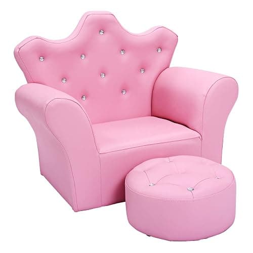 Costzon Kids Sofa, Children Upholstered Sofa with Ottoman, Princess Sofa with Diamond Decoration, Ottoman, Smooth PVC Leather Toddler Chair, Kids Pink Couch for Preschool Boys and Girls Gift (Pink) - Image 1