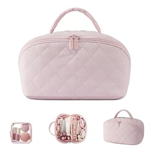 Women's Travel Makeup Bag, Travel Essentials Makeup Bag, Spacious 180° Open Cosmetic Organizer with 5 Dedicated Pockets, Leak-Proof & Odor-Resistant, Ideal for Travel & Daily Use(Pink) - Image 1
