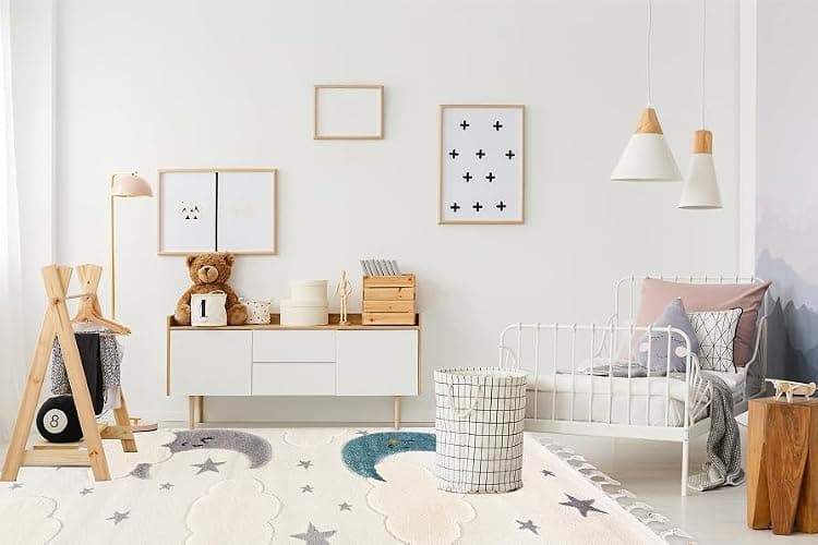 Mazovia Tappeto per Bambini - Beige, Stelle, Luna - Modello 3D, Facile da Pulire - Tappeto per Camera dei bambini, Medio Pelo, Rettangolare con OEKO-TEX® Morbido - Crema - 140 x 200 cm - Image 1