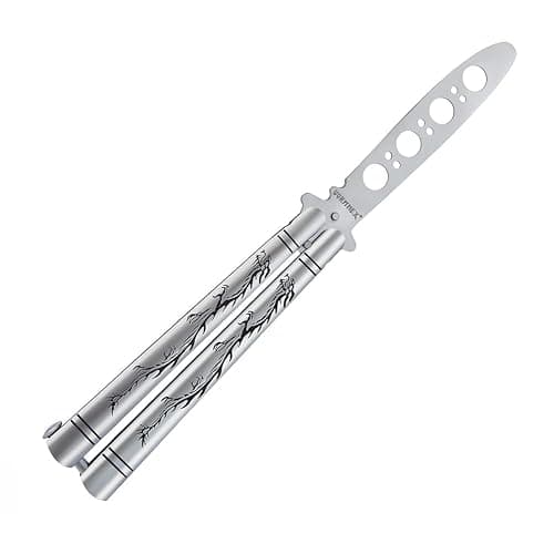 VORNNEX Practice Butterfly knife Trainer with Sure Spring Latch, Full Stainless Steel Black Dull Balisong, Unsharpened Butterfly knives Comb for CSGO Training(Silver) - Image 1