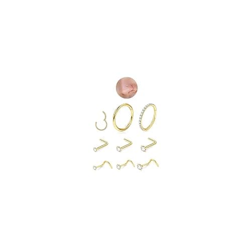 DAILI 8PCS Titanium Nose Rings Stud, Gold Nose Ring for Women Men Hypoallergenic Nostril Hoops L Shape Nose Studs Corkscrew CZ Nose Piercing Jewelry Silver 18G & 20G Nose Ring Studs 2/2.5/3mm - Image 1
