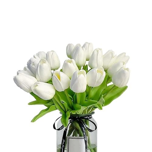 Nature’s Mimic 20pcs White tulips artificial flowers Faux Flowers Fake tulips Flowers Mother's Day Easter Valentine’S Day Gifts in Home Kitchen Wedding Dining Table Decorations - Image 1