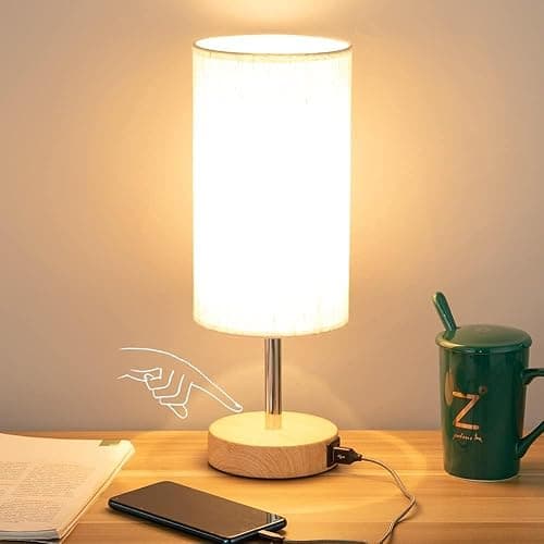 Yarra-Decor Bedside Table Lamp with USB Port - Touch Control for Bedroom 3 Way Dimmable Nightstand Lamp with Flaxen Fabric Shade for Living Room, Dorm, Home Office, Wood-Grain (LED Bulb Included) - Image 1