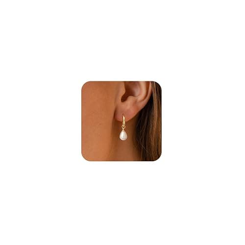 JOBICY Pearl Earrings for Women Trendy, 14k Gold Plated Freshwater CZ Leaf Pearl Dangle Drop Gold Earrings Lightweight Hypoallergenic Stud Earring Bridesmaid Wedding Gold Jewelry for Women Gifts - Image 1