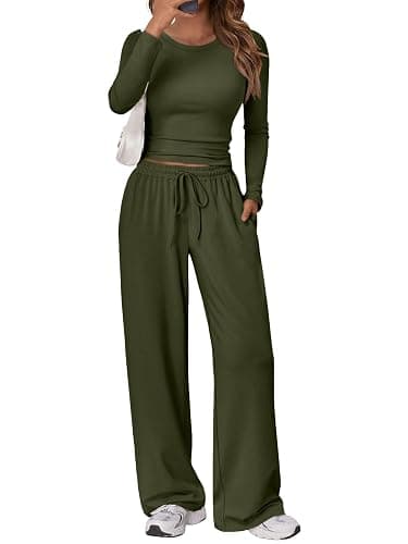 Trendy Queen Women's 2 Piece Matching Lounge Set Long Sleeve Slightly Crop Top Wide Leg Pants Casual Sweatsuit - Image 1