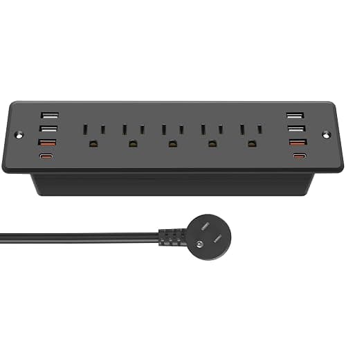 CCCEI Recessed Power Strip Surge Protector with 5 Outlets, USB 3.0 USB-A and 45W USB-C Ports, Built in Furniture Desk Hidden Outlet, with 10 FT 45 Degree Flat Plug Extension Cord. - 10FT - 45W USB-C - Image 1