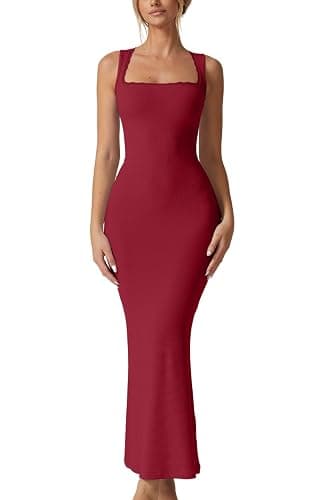 QINSEN Women's Square Neck with Lace Detail Long Maxi Dress Sleeveless Lounge Ribbed Full Length Dresses - Image 1