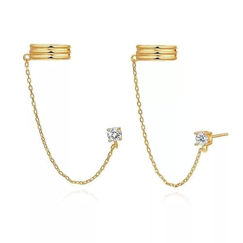 Ear Cuff 14k Dainty Gold/Silver Double Chain Earrings Tassel Drop Dangle Small Hoop Clip Earrings, Chain Climber Crawler Earrings for Women Cartilage Double Cuff Gifts Bff Birthday - Image 1