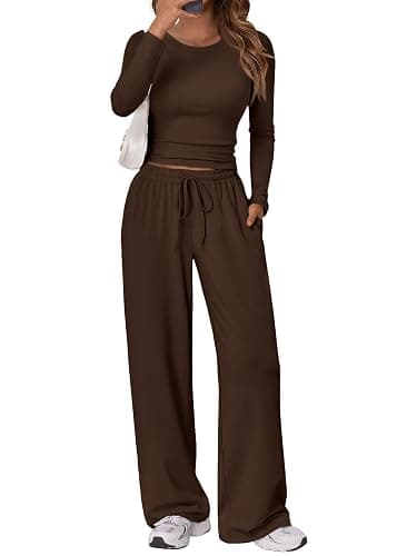Trendy Queen Women's 2 Piece Matching Lounge Set Long Sleeve Slightly Crop Top Wide Leg Pants Casual Sweatsuit - Image 1