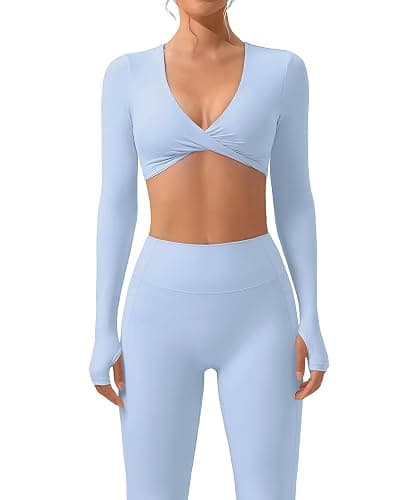SUUKSESS Women 2 Piece Workout Sets Long Sleeve Twist Deep V Crop Padded Tops Yoga Leggings with Side Pockets - Image 1