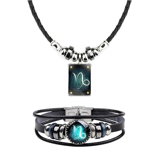 Zodiac Necklace and Bracelet Set Hand Woven Leather Zodiac Bracelet Rectangle 12 Constellation Pendant Necklace Zodiac Sign Jewelry for Women Men - Image 1