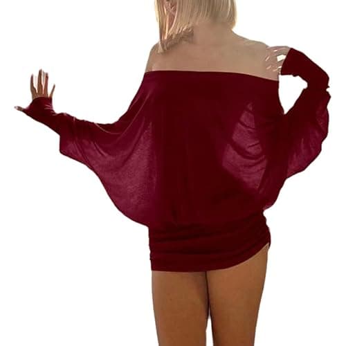 Chvity Women's Fashion Sheer Off The Shoulder Mini Dress Loose Batwing Ruched Casual Party Club Night Out Dress - Image 1