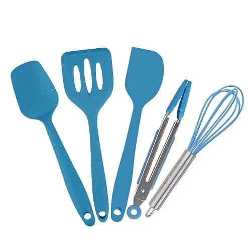 Collfa Mini Kitchen Utensil Set - Five-Piece Set, Tiny Silicone Kids Kitchen Tools - Whisk, Tongs, Spoon, Slotted Spatula - Blue - Image 1