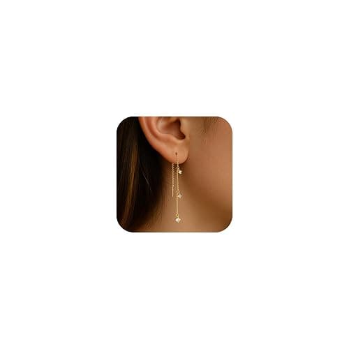 Sewyer Gold Earrings for Women, Dainty 14K Gold Plated Dangle Earrings for Women Trendy Long Dangle Drop Chain Earring for Sensitive Ears Cute Hypoallergenic Threader Earring Non Tarnish Jewelry Gifts - Image 1