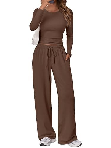 Trendy Queen Women's 2 Piece Matching Lounge Set Long Sleeve Slightly Crop Top Wide Leg Pants Casual Sweatsuit - Image 1