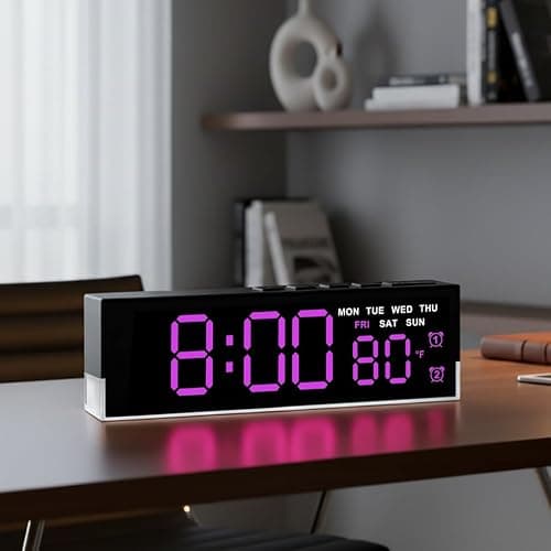 45MinST 7-Inch LED Digital Alarm Clock with Bottom Glow Light|Displays Time, Date, Day, Temperature |Dual Alarms, DST,Auto/Manual 3-Level Brightness,Battery or USB Powered Desk Clock,Rose Red - Image 1