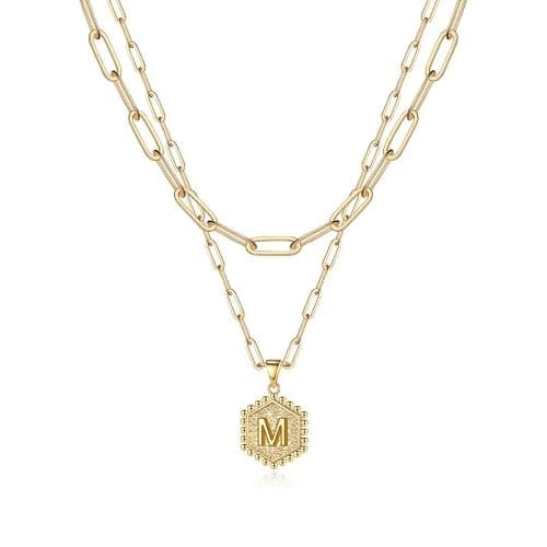 M MOOHAM Dainty Initial Necklaces for Women, 14K-Gold-Plated Layering Necklace for Women Cute Hexagon Letter Initial Necklace Layered Necklaces for Teenage Teen Girls Christmas Gifts Stocking Stuffers - Image 1