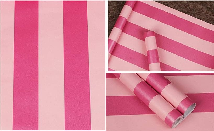 PoetryHome Self Adhesive Vinyl Red Pink Stripe Peel and Stick Wallpaper for Walls Kids Girls Nursery Bedroom 17.7x117 Inches - Image 1