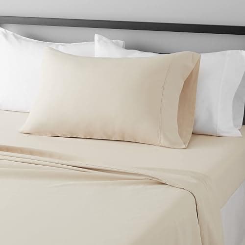 Amazon Basics Lightweight Super Soft Easy Care Comfortable Breathable Brushed Microfiber 3-Piece Bed Sheet Set with 14-Inch Deep Pockets, Wrinkle Resistant, Twin XL, Beige, Solid - Image 1