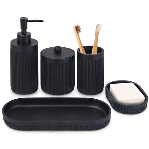 Bathroom Accessory Set 5Pcs-Lotion Soap Dispenser,Toothbrush Holder,Qtip Holder Dispenser,Vanity Tray and Soap Dish-Modern Bathroom Decor Vanity Countertop Organizer,Matte Black - Image 1