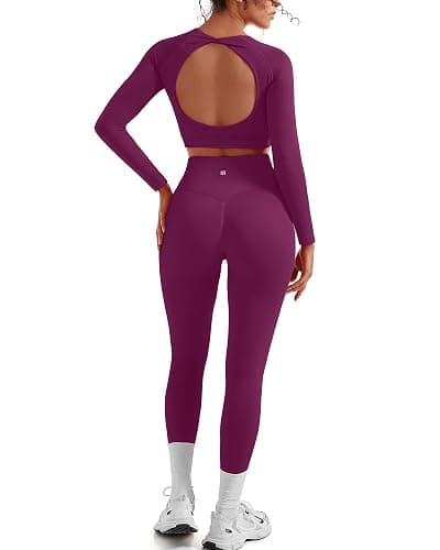 SUUKSESS Women 2 Piece Open Back Seamless Workout Sets Scrunch Booty Gym Leggings Built in Bra Crop Yoga Top - Image 1
