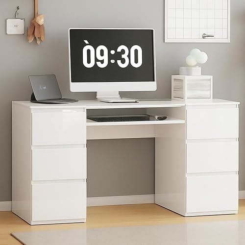 LSBIKE White Desk with 6 Drawers High Gloss Computer Desk Table Dressing Table with Drawers Home Office Writing Study Standing Desk with Storage Drawer 120x50x70cm (White) - Image 1