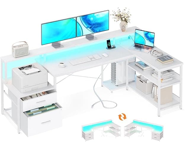 ODK L Shaped Desk with File Drawer, 75" Reversible L Shaped Computer Desk with Power Outlet & LED Strip, Home Office Desk with Storage Shelves, Gaming Desk with Monitor Shelf, Corner Desk, White - Image 1